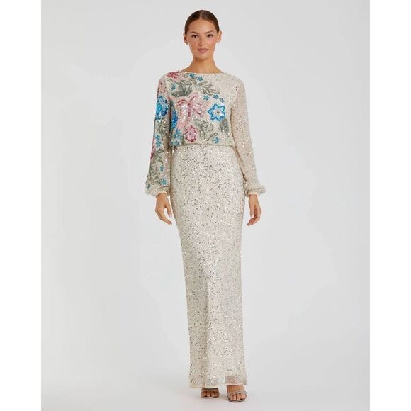 MAC DUGGAL Beige Embellished Floral High Neck Gown Size 8 - Picture 11 of 12